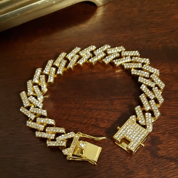 Hip Hop CZ Iced Out 14k Gold Plated Stainless Steel Miami Cuban Link Bracelet - Picture 7 of 9